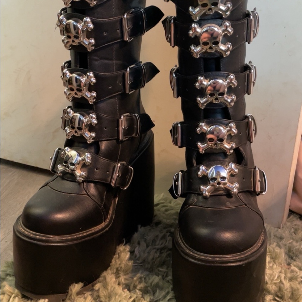 YRU Black Platform Combat Boots with Silver Skull Details
